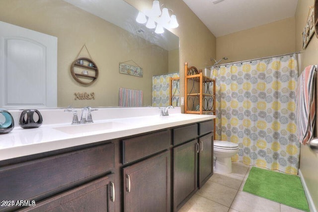 18309 N Crestview Ln, Maricopa, AZ 85138 - full bathroom with tile patterned floors, double vanity, toilet, and a shower with shower curtain