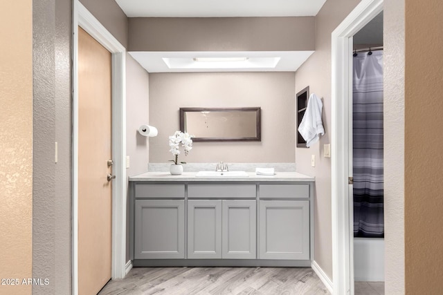 bathroom with wood finished floors and vanity