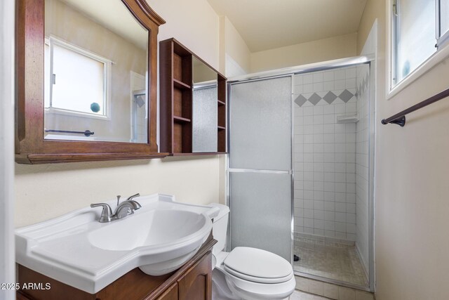 7250 E Mckellips Rd, Scottsdale, AZ 85257 - bathroom featuring vanity, toilet, and a shower stall