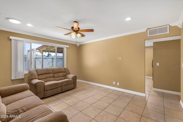7250 E Mckellips Rd, Scottsdale, AZ 85257 - living area featuring light tile patterned floors, ceiling fan, crown molding, baseboards, and recessed lighting
