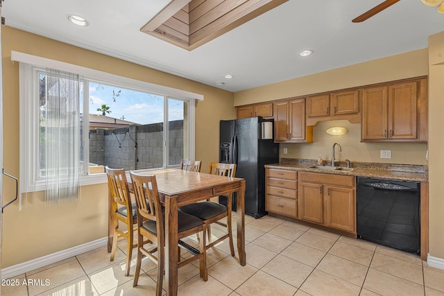 7250 E Mckellips Rd, Scottsdale, AZ 85257 - kitchen with black appliances, a sink, brown cabinets, ceiling fan, and recessed lighting