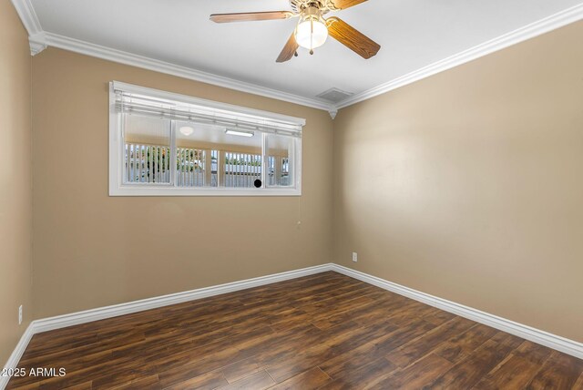 7250 E Mckellips Rd, Scottsdale, AZ 85257 - spare room featuring dark wood finished floors, baseboards, ornamental molding, and a ceiling fan
