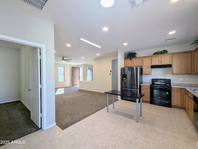 kitchen with ceiling fan, light carpet, and black appliances