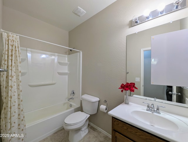 full bathroom featuring vanity, tile patterned floors, shower / bath combination with curtain, and toilet