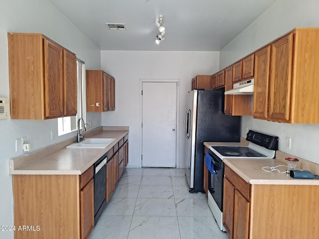 kitchen featuring dishwasher, sink, white electric stove, and stainless steel refrigerator with ice dispenser