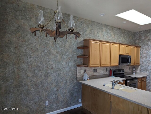 kitchen with range with electric cooktop, a skylight, kitchen peninsula, backsplash, and sink