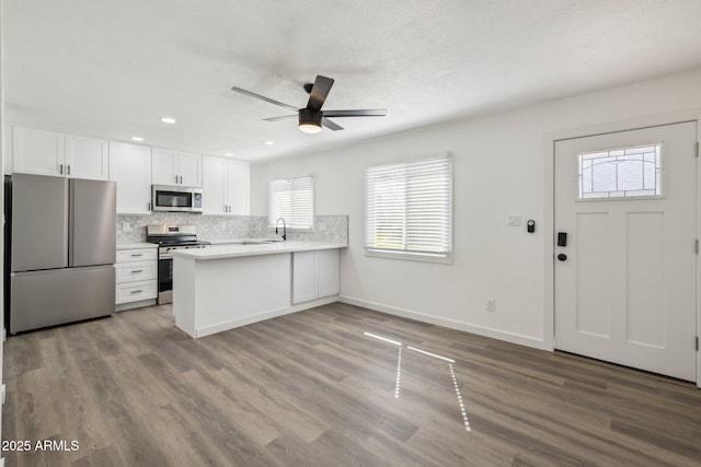 kitchen with appliances with stainless steel finishes, backsplash, a healthy amount of sunlight, and a peninsula