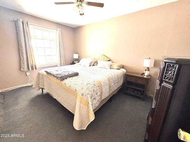 bedroom featuring ceiling fan and dark carpet