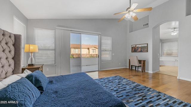 3411 S Vine St, Chandler, AZ 85248 - bedroom with access to outside, arched walkways, visible vents, wood finished floors, and baseboards