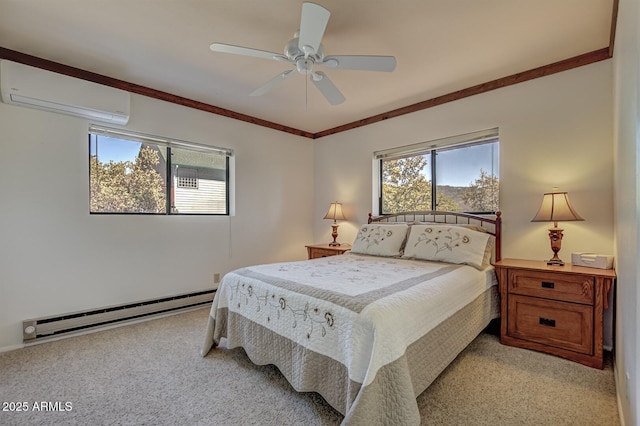 bedroom with a baseboard heating unit, light carpet, ceiling fan, and a wall unit AC