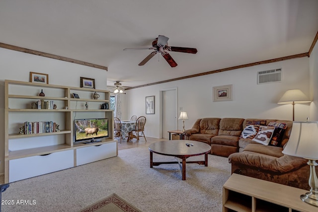 carpeted living room featuring a wall mounted air conditioner, ornamental molding, and ceiling fan