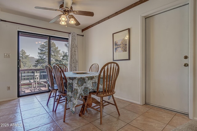 dining space featuring light tile patterned flooring, a ceiling fan, and baseboards