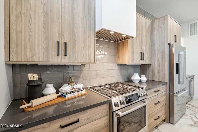 kitchen with light brown cabinetry, premium range hood, high end appliances, and decorative backsplash