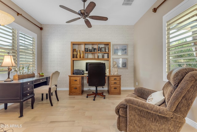 10650 E Palladium Dr, Mesa, AZ 85212 - office area featuring wallpapered walls, ceiling fan, and wood finished floors