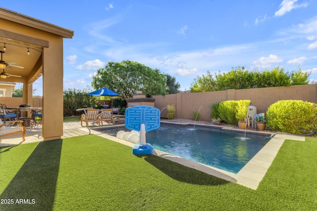 10650 E Palladium Dr, Mesa, AZ 85212 - view of swimming pool featuring a fenced backyard, ceiling fan, and a patio