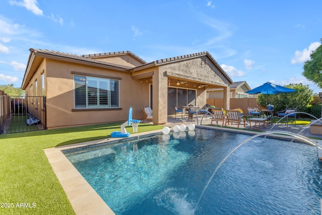 10650 E Palladium Dr, Mesa, AZ 85212 - view of swimming pool with a fenced backyard, a patio area, and a ceiling fan
