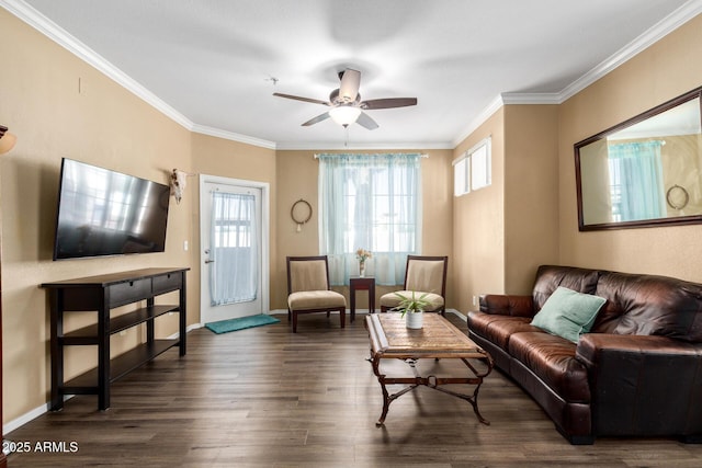 1941 S Pierpont Dr Unit 1099, Mesa, AZ 85206 - living area with crown molding, ceiling fan, wood finished floors, and baseboards