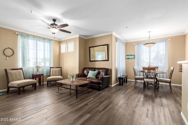 1941 S Pierpont Dr Unit 1099, Mesa, AZ 85206 - living area with wood finished floors, ceiling fan, crown molding, and baseboards