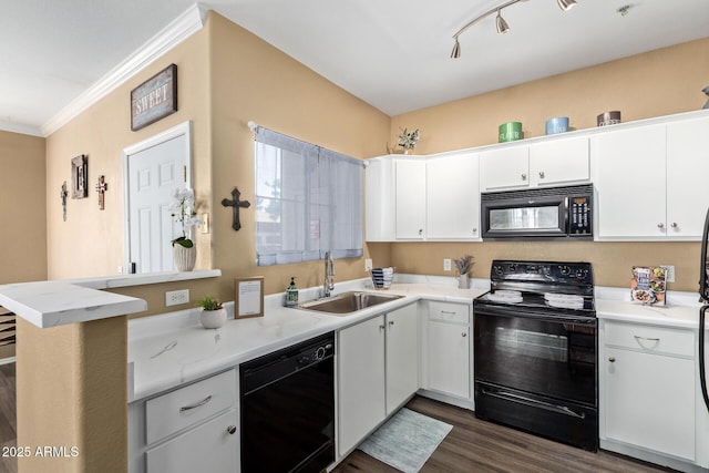 1941 S Pierpont Dr Unit 1099, Mesa, AZ 85206 - kitchen with black appliances, a sink, dark wood-type flooring, ornamental molding, and white cabinetry