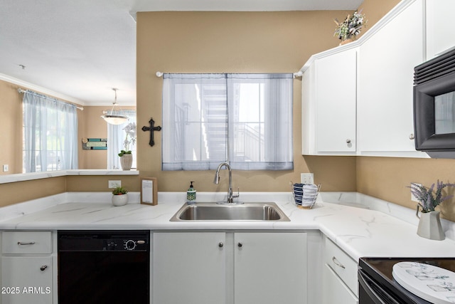 1941 S Pierpont Dr Unit 1099, Mesa, AZ 85206 - kitchen with black appliances, a sink, white cabinetry, and ornamental molding