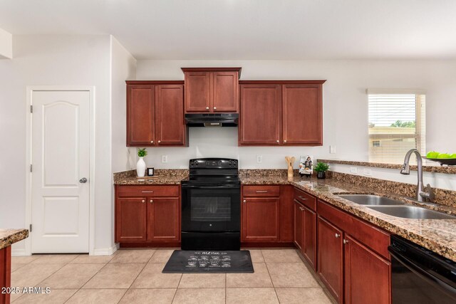 7324 S 254th Dr, Buckeye, AZ 85326 - kitchen featuring black appliances, a sink, under cabinet range hood, and light tile patterned floors