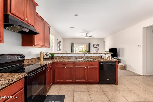 7324 S 254th Dr, Buckeye, AZ 85326 - kitchen featuring black appliances, a sink, under cabinet range hood, a peninsula, and ceiling fan