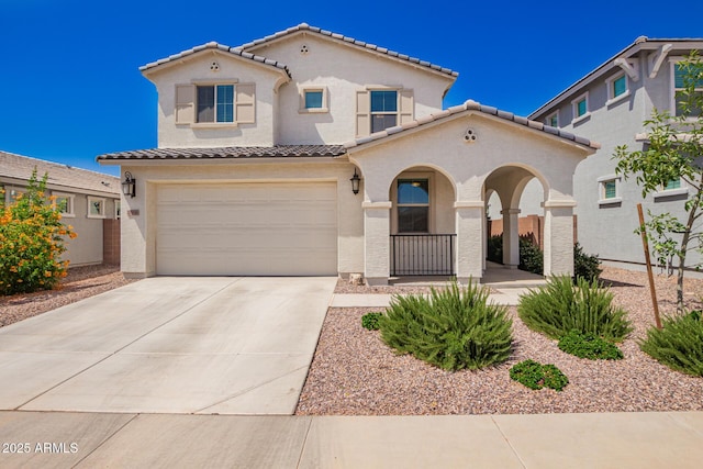 10956 E Thunderbolt Ave, Mesa, AZ 85212 - mediterranean / spanish-style house with a tiled roof, stucco siding, an attached garage, driveway, and a porch