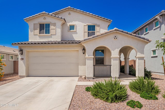 10956 E Thunderbolt Ave, Mesa, AZ 85212 - mediterranean / spanish home featuring a tiled roof, stucco siding, an attached garage, and driveway