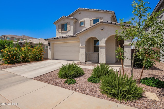 10956 E Thunderbolt Ave, Mesa, AZ 85212 - mediterranean / spanish-style house with a garage, a tile roof, stucco siding, driveway, and covered porch