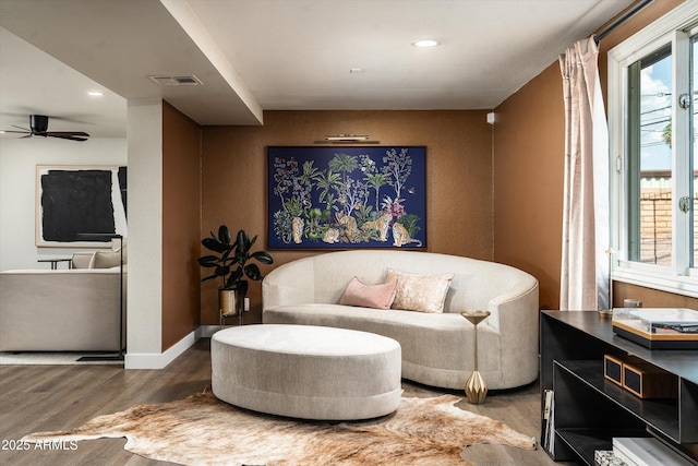 8341 E Hubbell St, Scottsdale, AZ 85257 - living area featuring wood finished floors, ceiling fan, recessed lighting, and baseboards