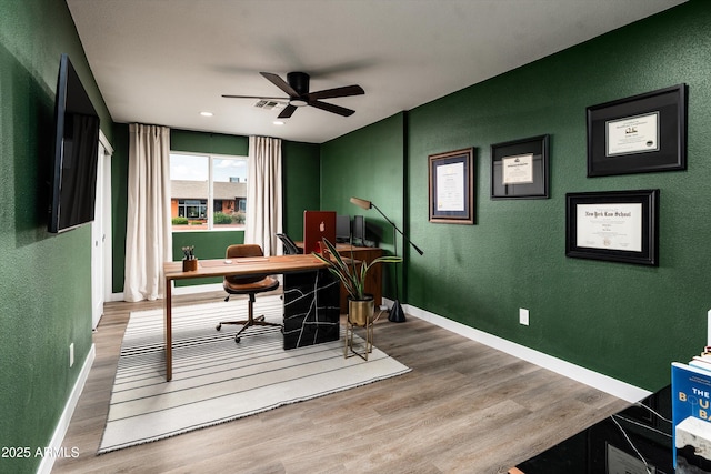 8341 E Hubbell St, Scottsdale, AZ 85257 - office area with a ceiling fan, wood finished floors, a textured wall, and baseboards