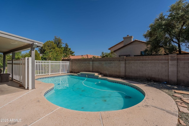 view of swimming pool featuring a fenced in pool, a fenced backyard, and a patio area
