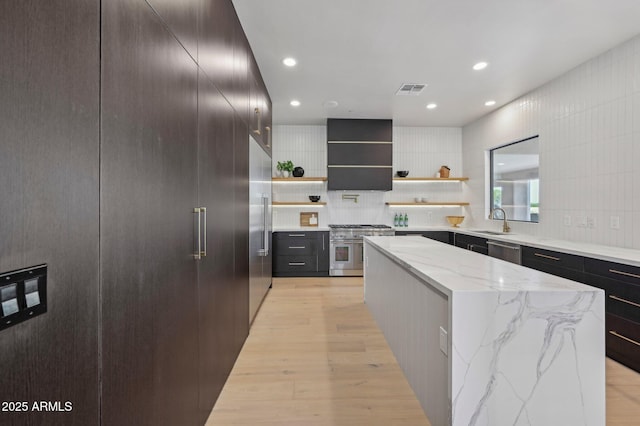 kitchen with light stone countertops, a kitchen island, sink, light hardwood / wood-style flooring, and premium appliances