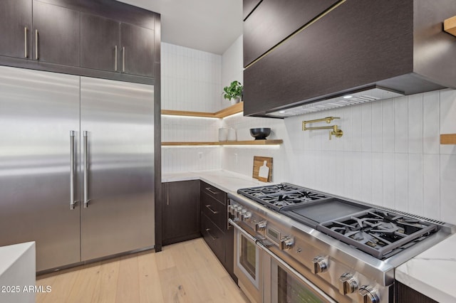 kitchen featuring custom range hood, light wood-type flooring, tasteful backsplash, and appliances with stainless steel finishes