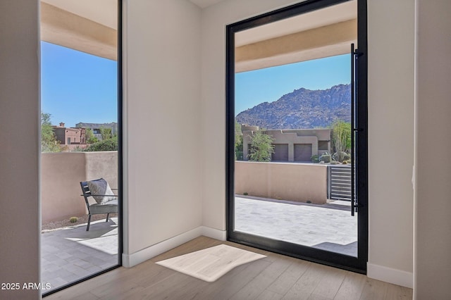 entryway featuring light hardwood / wood-style floors and a mountain view