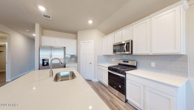 kitchen with sink, white cabinetry, appliances with stainless steel finishes, light hardwood / wood-style floors, and backsplash