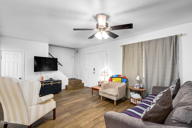 1032 E Redfield Rd, Tempe, AZ 85283 - living area with wood finished floors, ceiling fan, and stairway