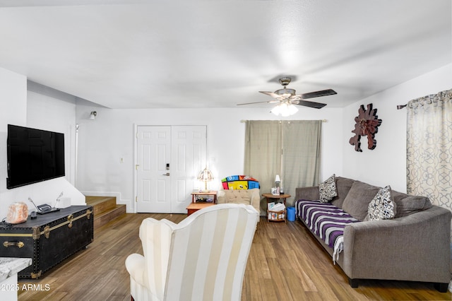 1032 E Redfield Rd, Tempe, AZ 85283 - living area featuring wood finished floors, a ceiling fan, and stairs