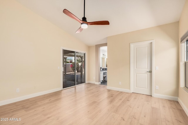 interior space with lofted ceiling, light hardwood / wood-style flooring, and ceiling fan