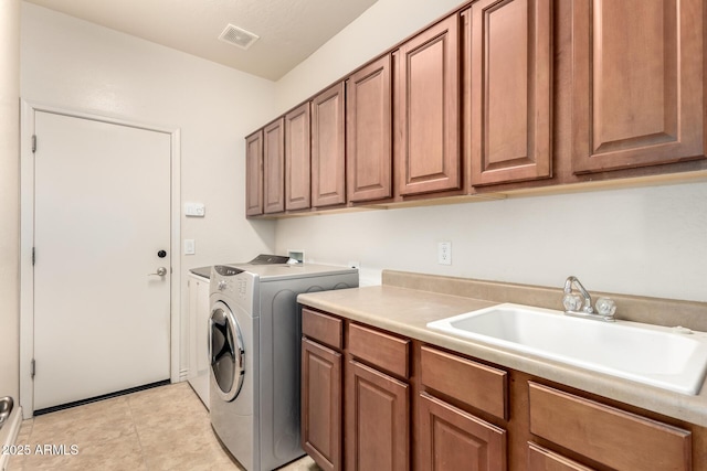 18171 W Marshall Ln, Surprise, AZ 85388 - laundry room with visible vents, a sink, cabinet space, and washer and dryer
