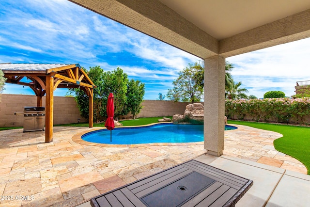 18171 W Marshall Ln, Surprise, AZ 85388 - view of pool featuring a patio, a fenced backyard, area for grilling, a fenced in pool, and a gazebo