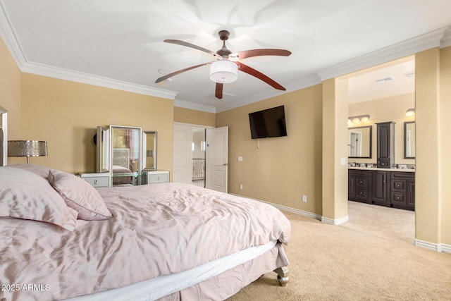18171 W Marshall Ln, Surprise, AZ 85388 - bedroom featuring ceiling fan, light colored carpet, crown molding, baseboards, and connected bathroom