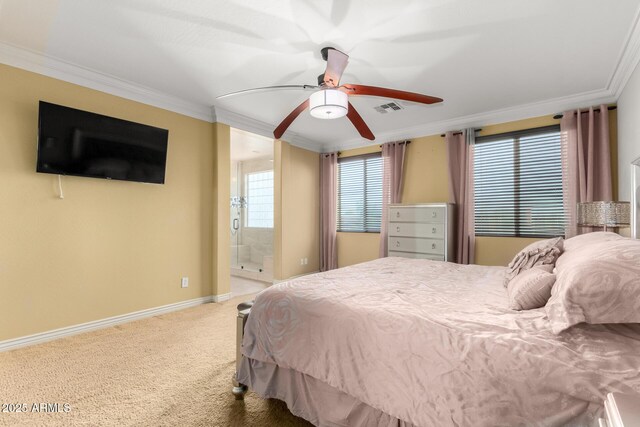 18171 W Marshall Ln, Surprise, AZ 85388 - bedroom with visible vents, ornamental molding, baseboards, ceiling fan, and carpet