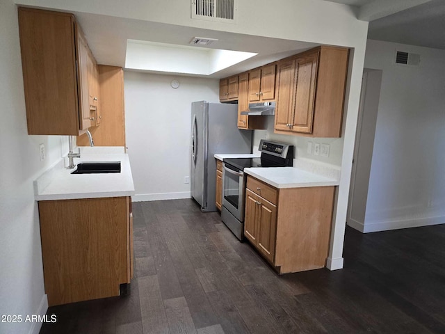 kitchen with dark hardwood / wood-style floors, stainless steel range with electric stovetop, and sink