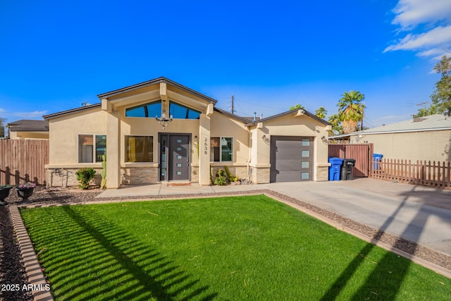 view of front facade with stone siding, fence, and stucco siding