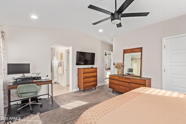 bedroom with lofted ceiling, ceiling fan, recessed lighting, baseboards, and carpet