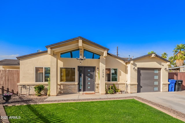 view of front of property featuring a garage, fence, stone siding, driveway, and stucco siding