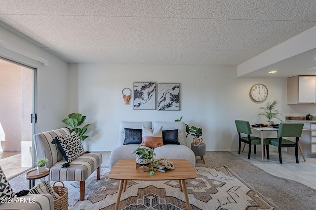 carpeted living room with a textured ceiling