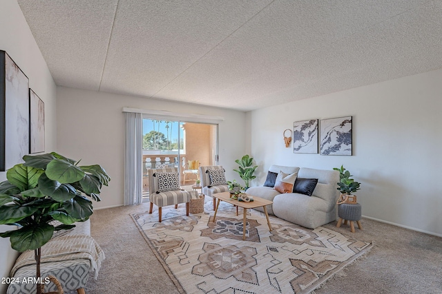 carpeted living room with a textured ceiling