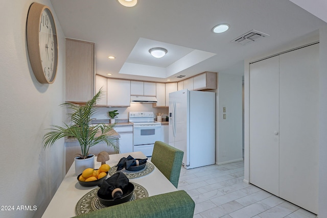 kitchen featuring a tray ceiling and white appliances